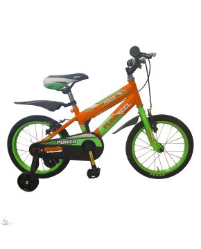 Bici 14 MTB Flywheel Power per bambino con rotelle in acciaio arancione verde